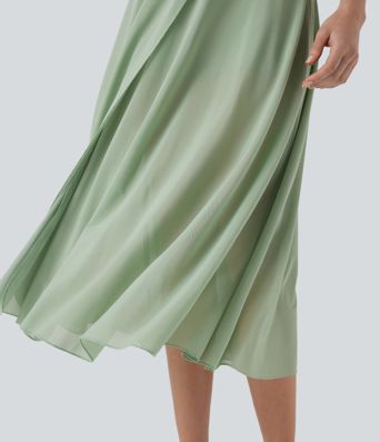 High Waisted Drawstring Contrast Mesh 2-in-1 Pocket Flowy Midi Flare Casual Skirt