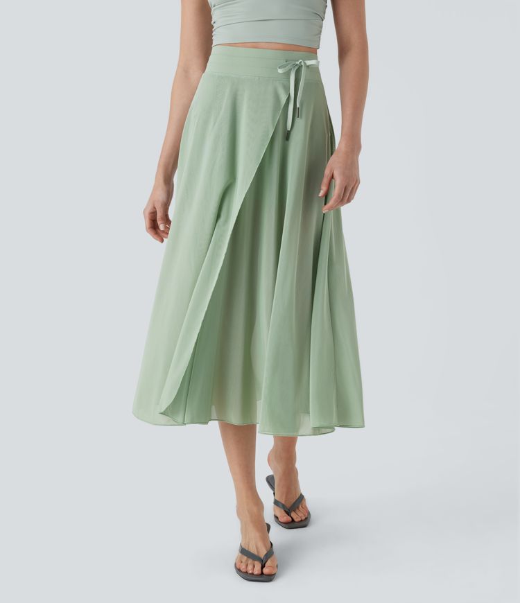 High Waisted Drawstring Contrast Mesh 2-in-1 Pocket Flowy Midi Flare Casual Skirt