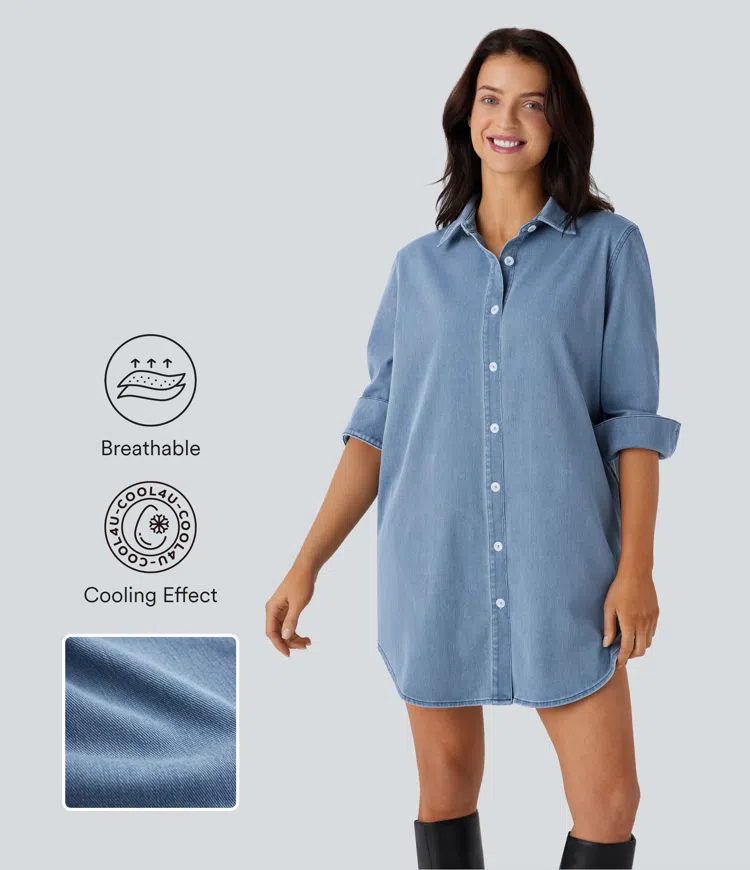 Halara Flex™ Curved Hem Relax Mini Cool Touch Denim Casual Shirt Dress with Pockets