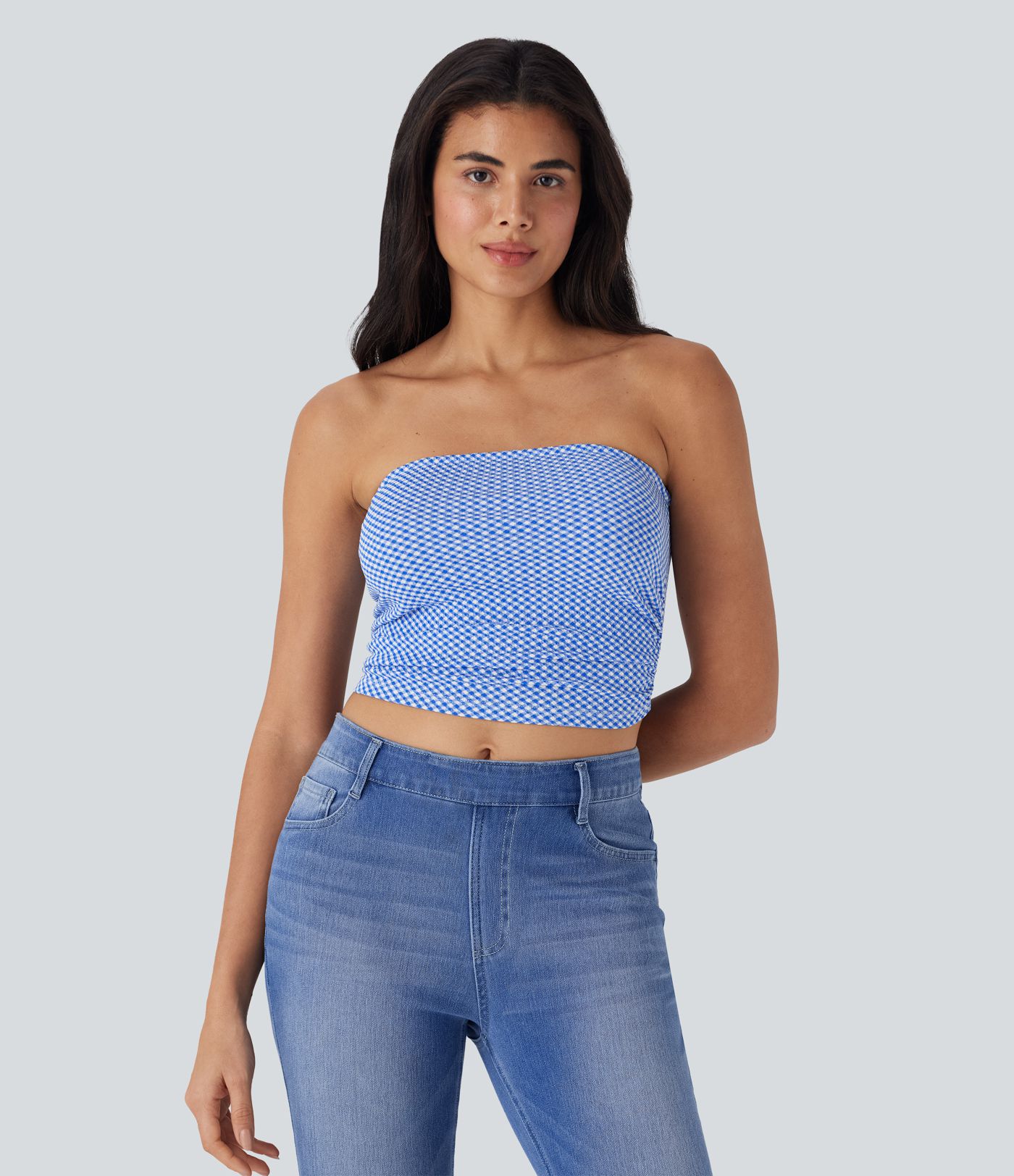 Ruched Plaid Cropped Casual Tube Top