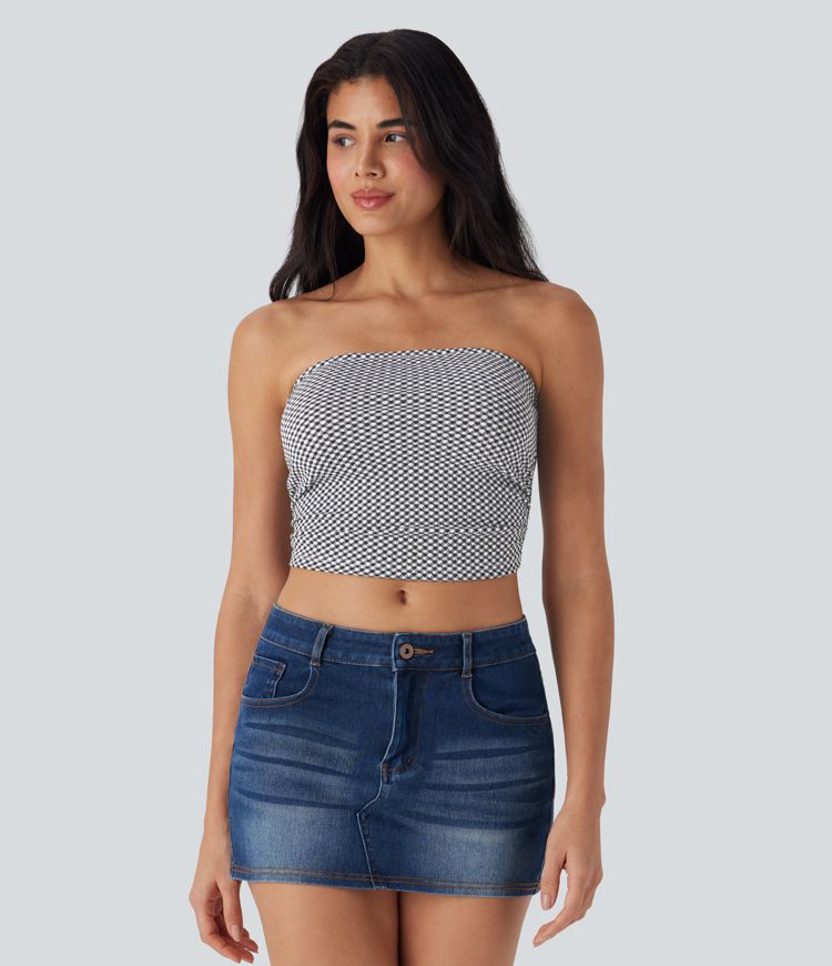 Ruched Plaid Cropped Casual Tube Top
