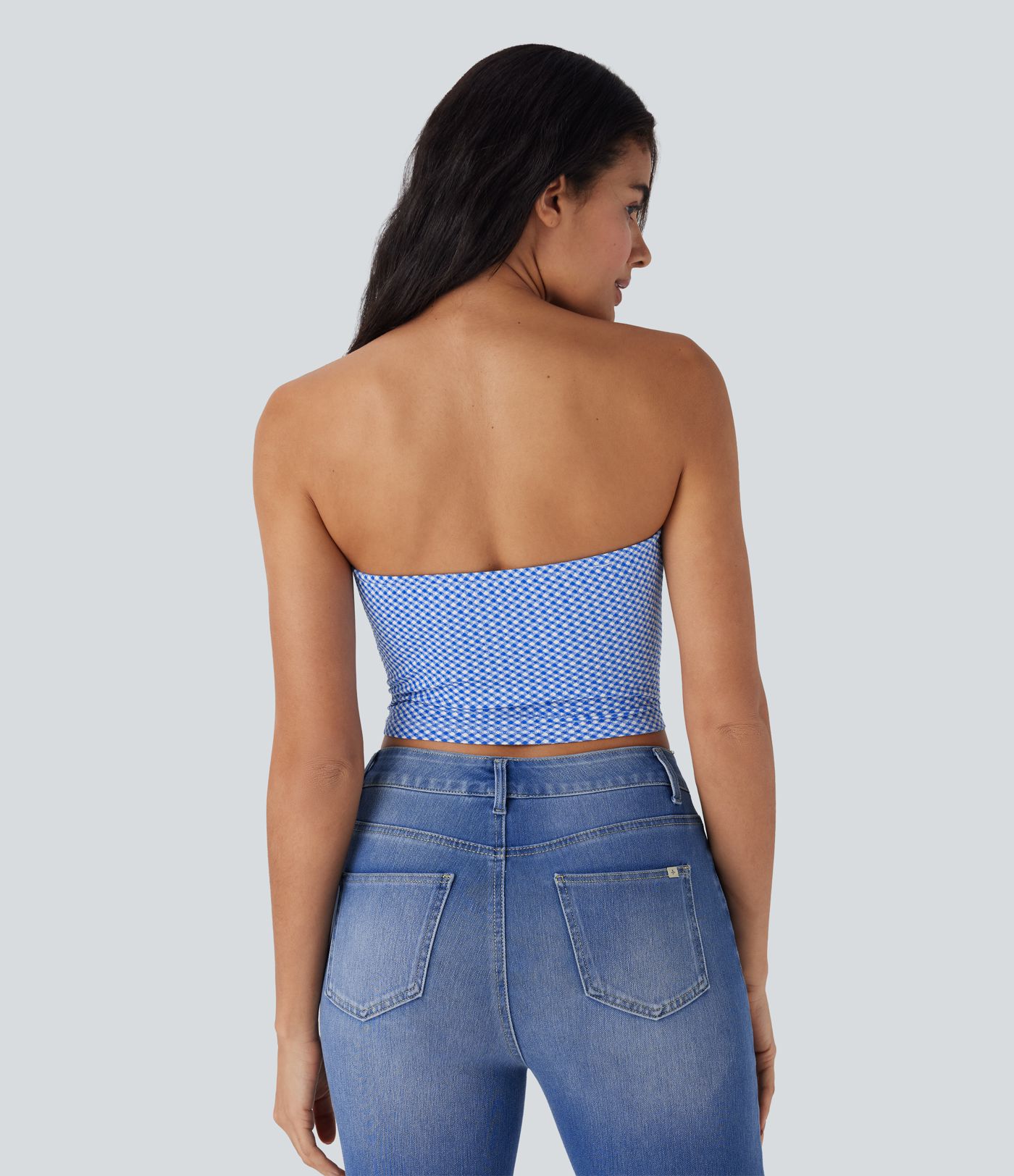 Ruched Plaid Cropped Casual Tube Top
