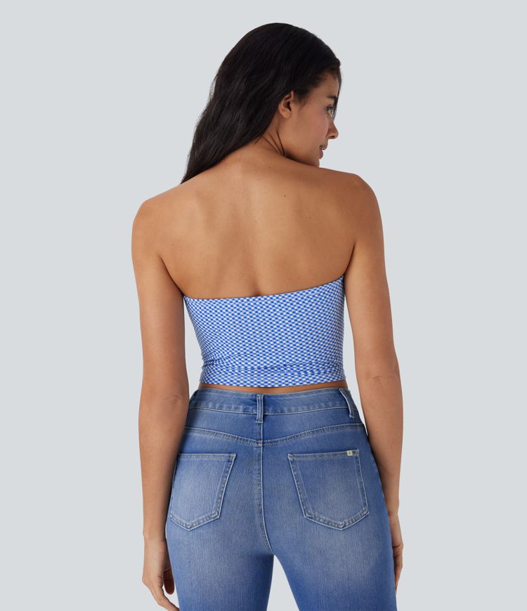Ruched Plaid Cropped Casual Tube Top