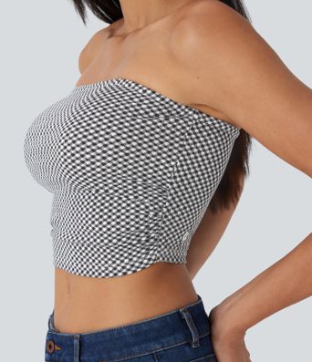 Ruched Plaid Cropped Casual Tube Top