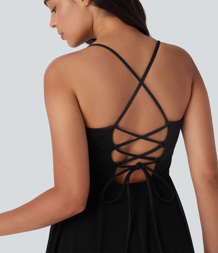 Robe de Danse Active Courte à Contraste Maille Aérée 2-en-1 avec Poche, Bonnets D-F