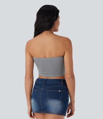 Ruched Plaid Cropped Casual Tube Top