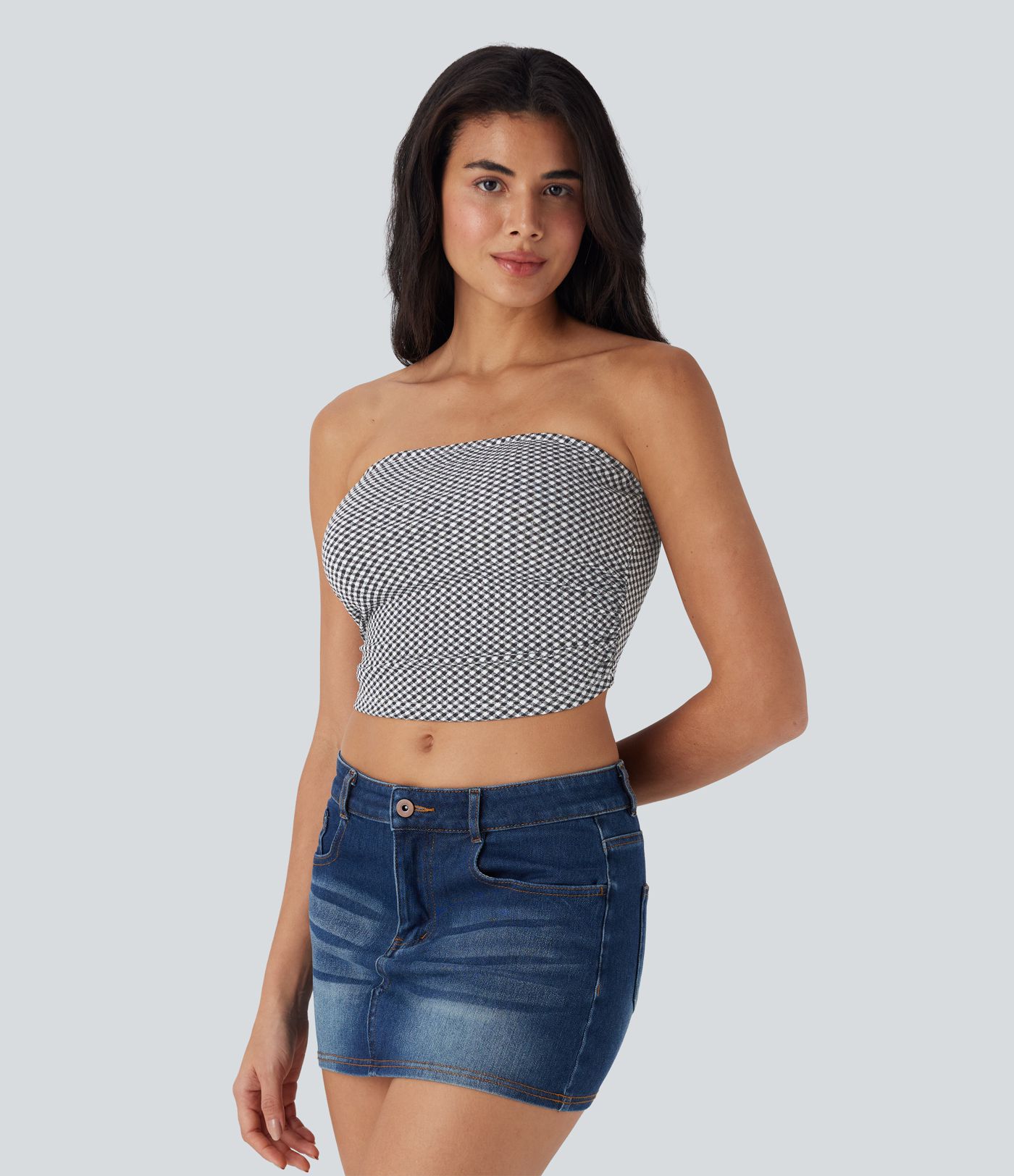 Ruched Plaid Cropped Casual Tube Top