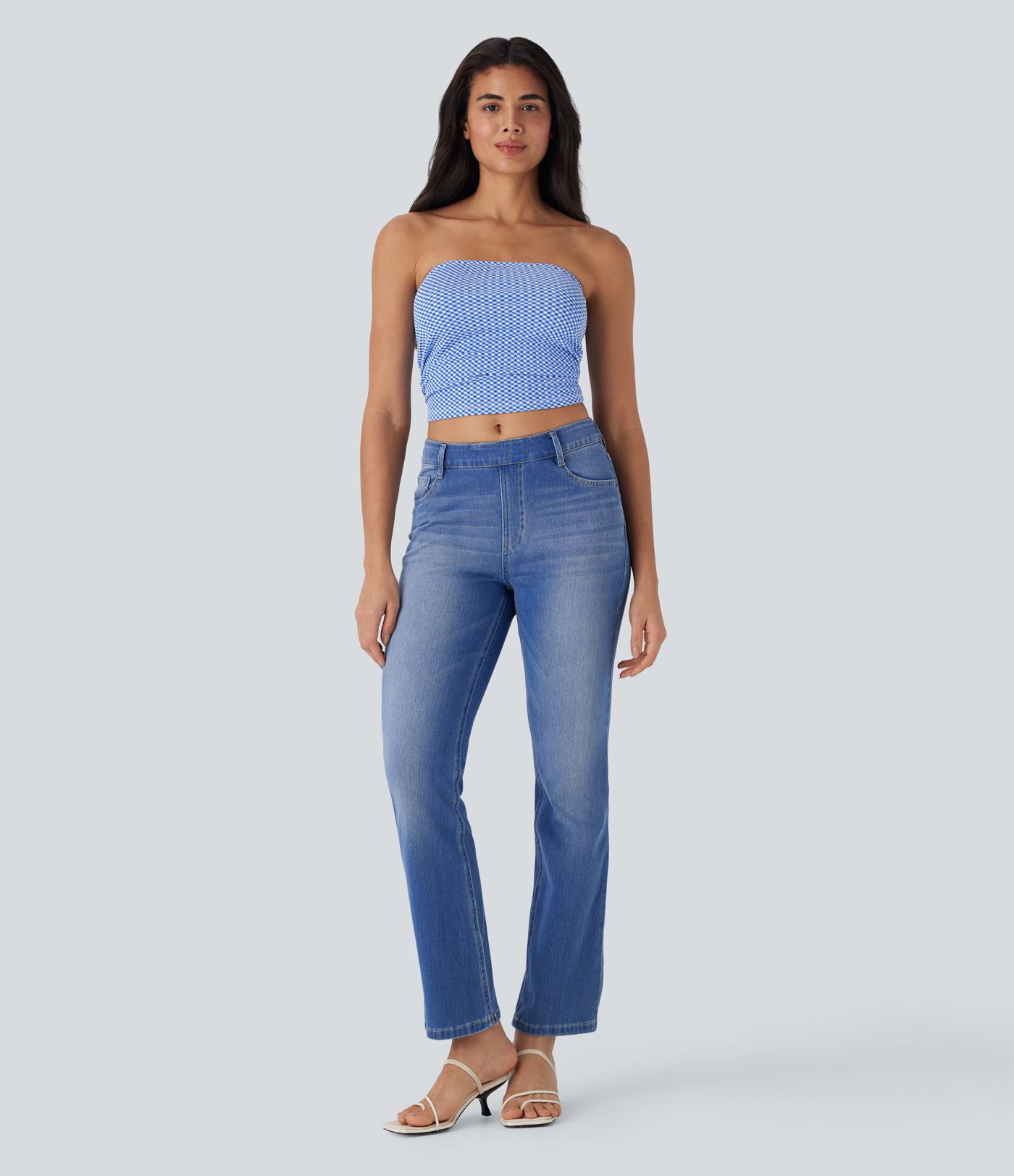 Ruched Plaid Cropped Casual Tube Top