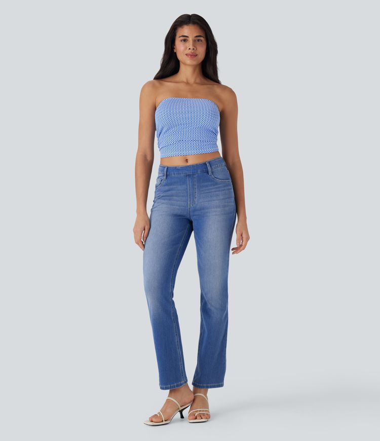 Ruched Plaid Cropped Casual Tube Top