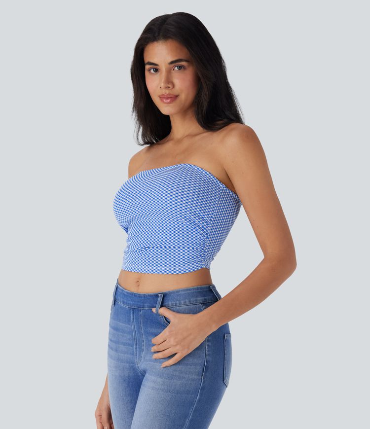Top de tubo casual corto con cuadros fruncidos