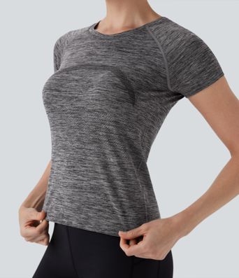 Nahtloser Fließ-Kurzarm-Ausschnitt Schnell trocknender Wander-Sport-Top