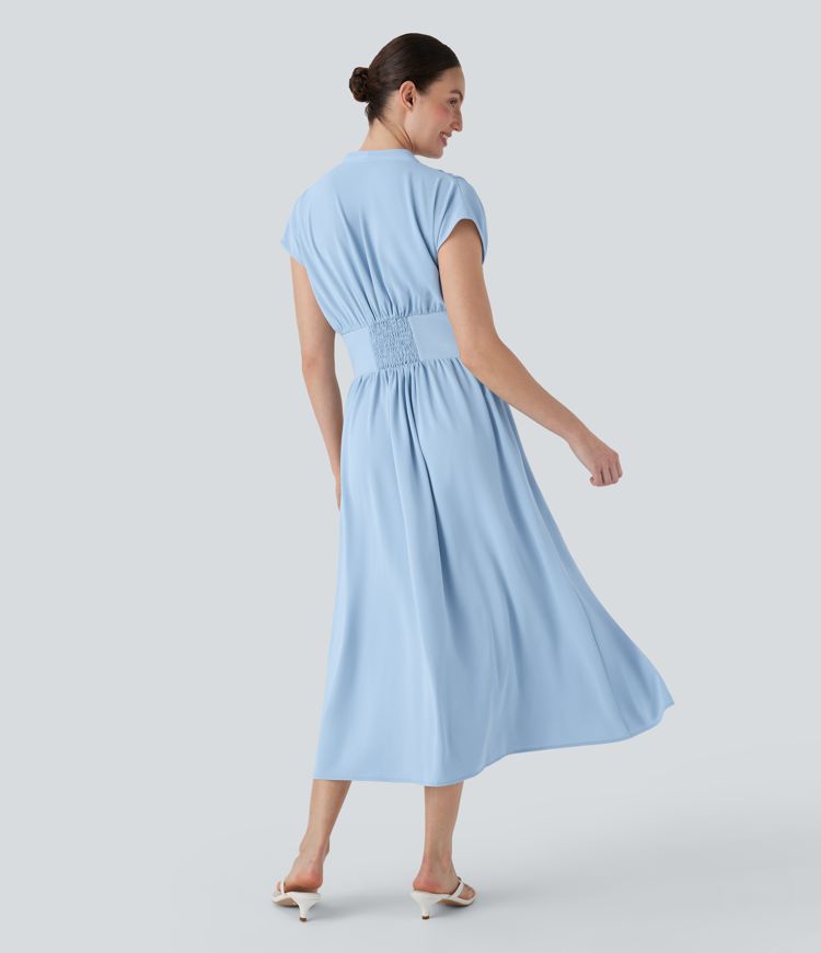 V Neck Shirred Button Split Flowy Midi Casual Dress with Pockets