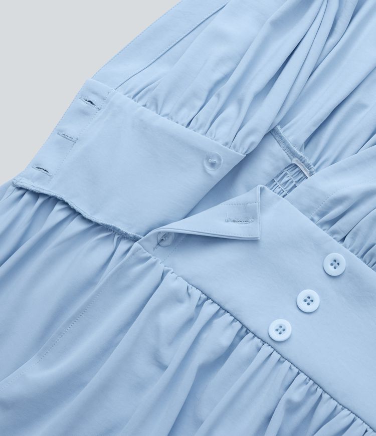 V Neck Shirred Flowy Midi Casual Dress with Pockets