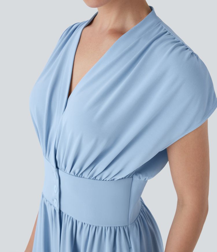 V Neck Shirred Flowy Midi Casual Dress with Pockets