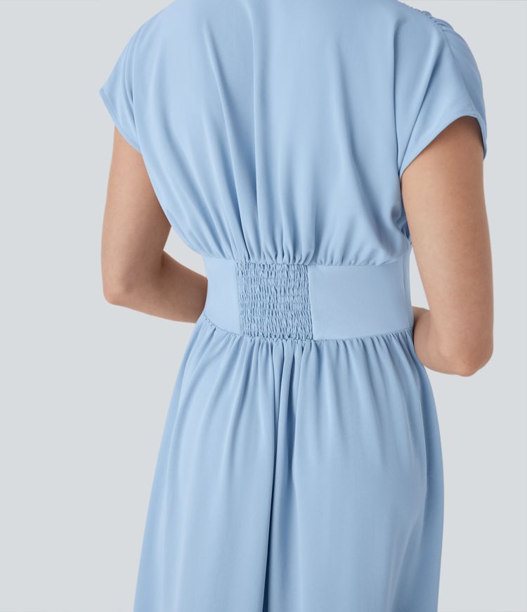 V Neck Shirred Flowy Midi Casual Dress with Pockets