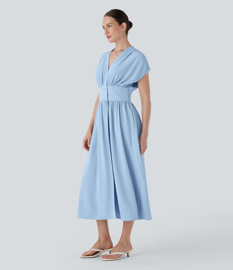 V Neck Shirred Button Split Flowy Midi Casual Dress with Pockets