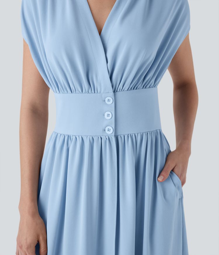 V Neck Shirred Flowy Midi Casual Dress with Pockets