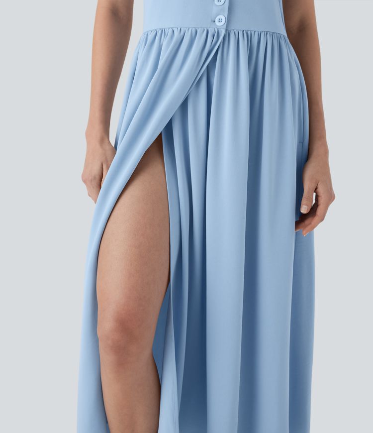 V Neck Shirred Flowy Midi Casual Dress with Pockets