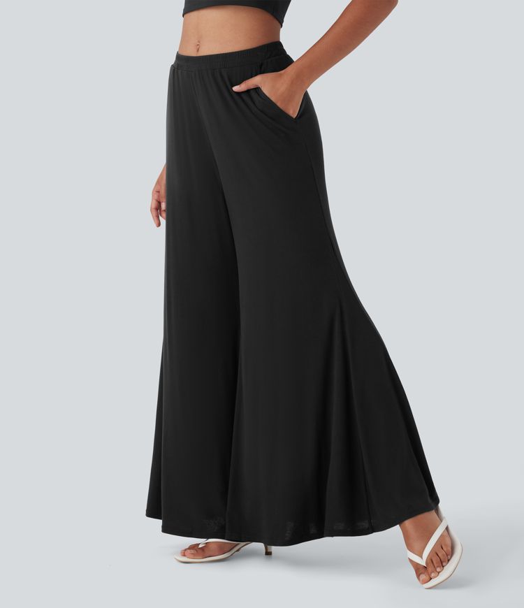 Ribbed Mid Rise Flowy Wide Leg Casual Trousers with Pockets