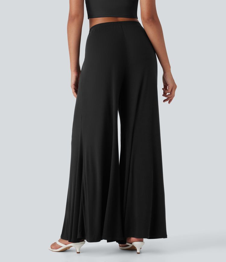 Ribbed Mid Rise Flowy Wide Leg Casual Trousers with Pockets