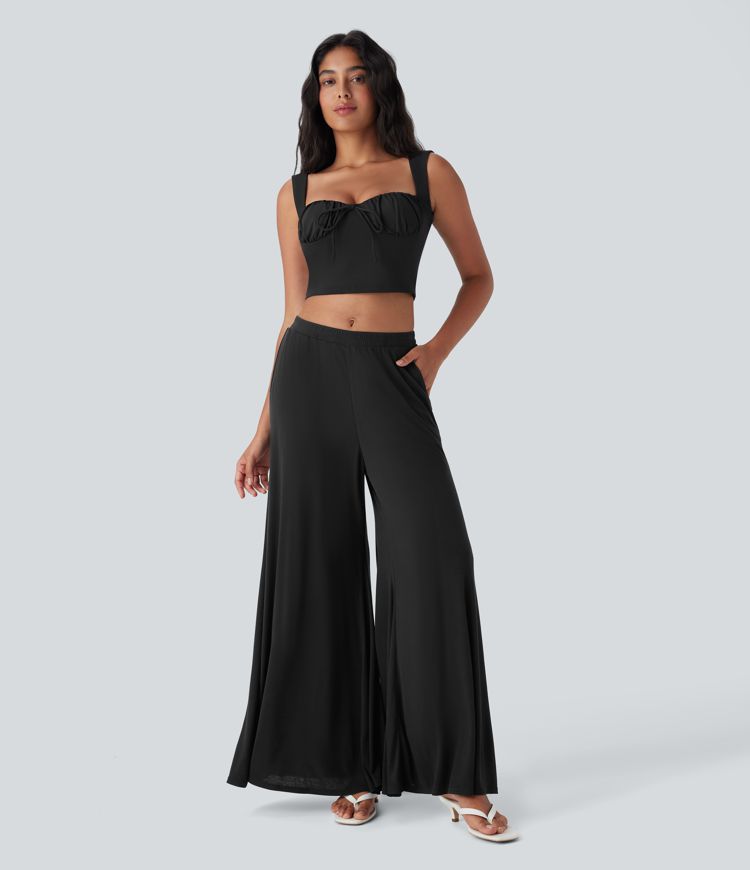 Ribbed Mid Rise Flowy Wide Leg Casual Trousers with Pockets