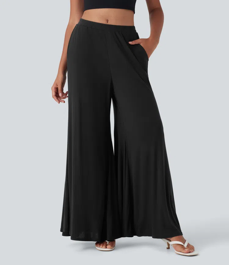 Ribbed Mid Rise Flowy Wide Leg Casual Pants with Pockets