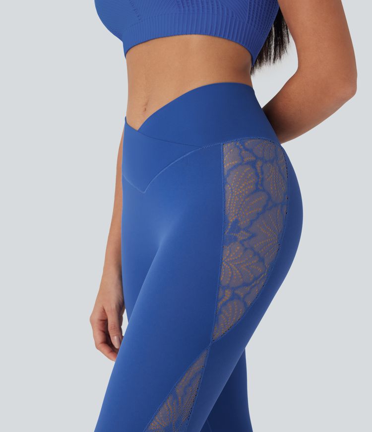 SoftlyZero™ High Waisted Crossover Contrast Lace Pocket Yoga Leggings-UPF50+