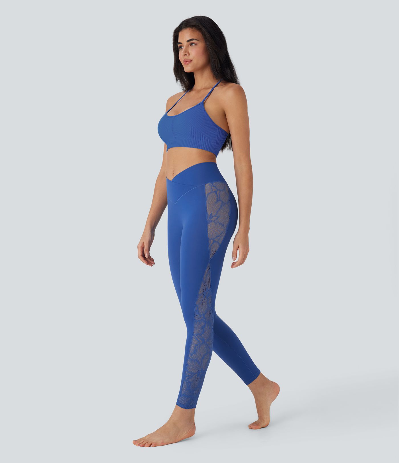 SoftlyZero™ High Waisted Crossover Contrast Lace Pocket Yoga Leggings-UPF50+