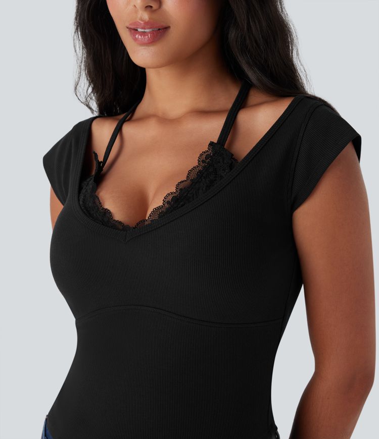 High Stretch Ribbed Knit Lace Halter Cap Sleeve Top