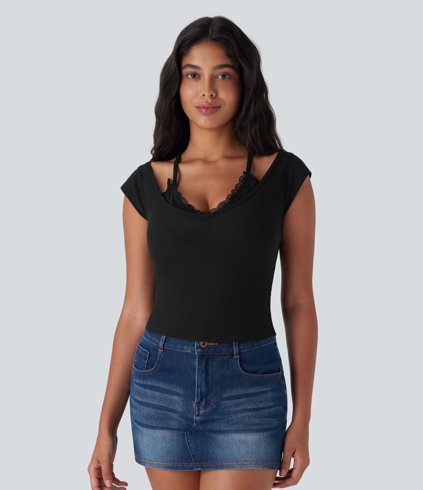 High Stretch Ribbed Knit Lace Halter Cap Sleeve Top