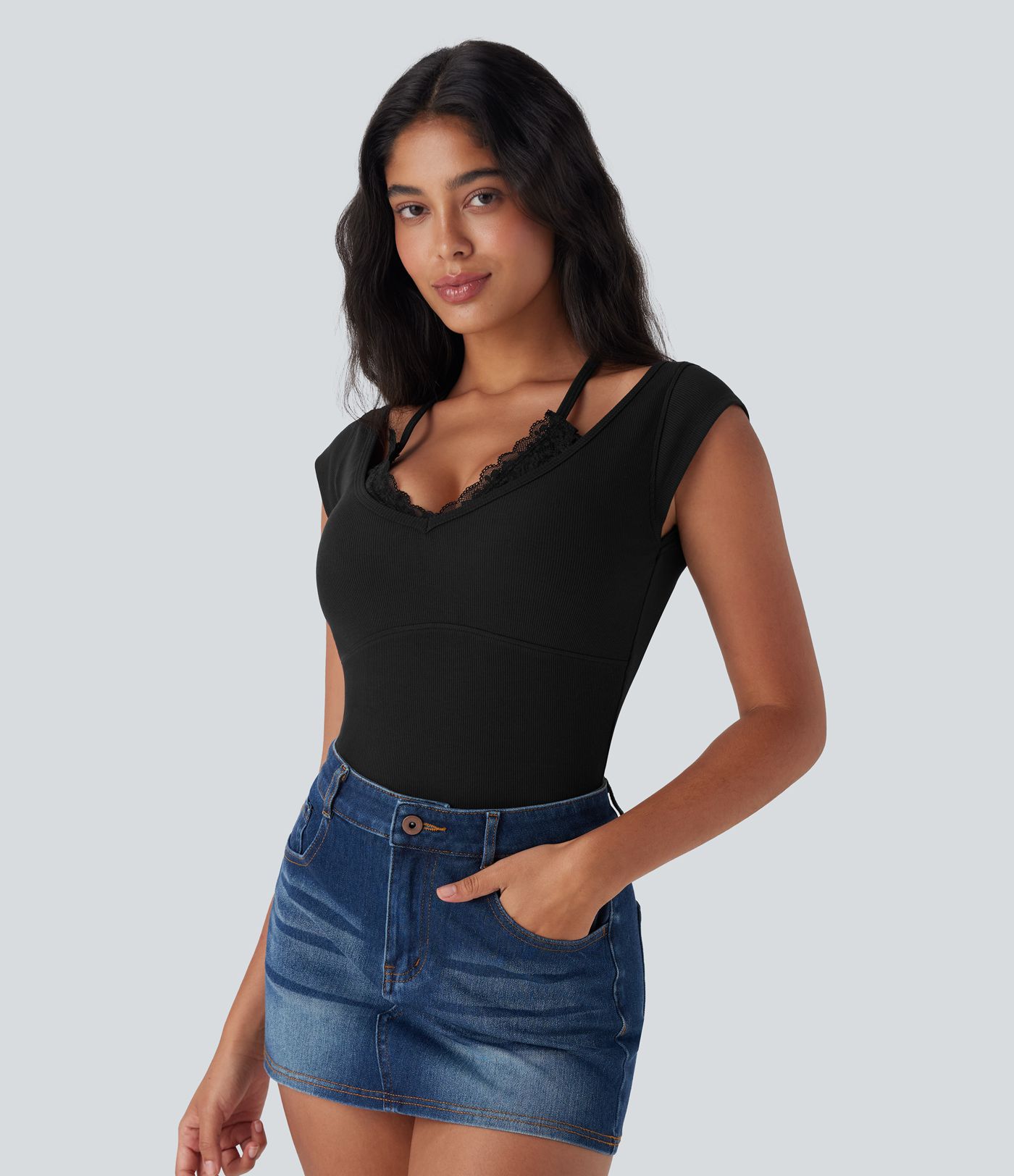 High Stretch Ribbed Knit Lace Halter Cap Sleeve Top