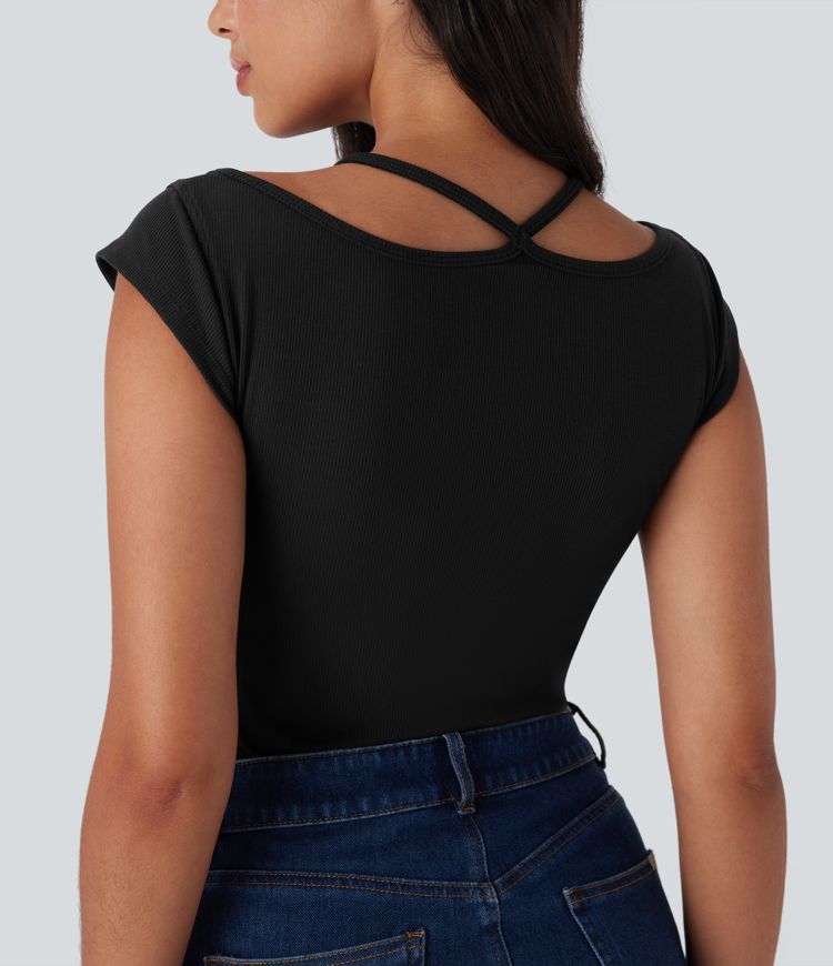 High Stretch Ribbed Knit Lace Halter Cap Sleeve Top