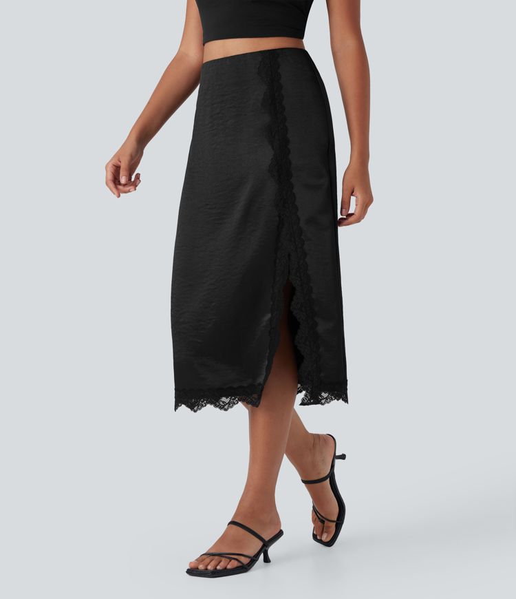 Falda midi de tubo de satén casual con tiro alto, cremallera invisible con abertura y encaje en contraste