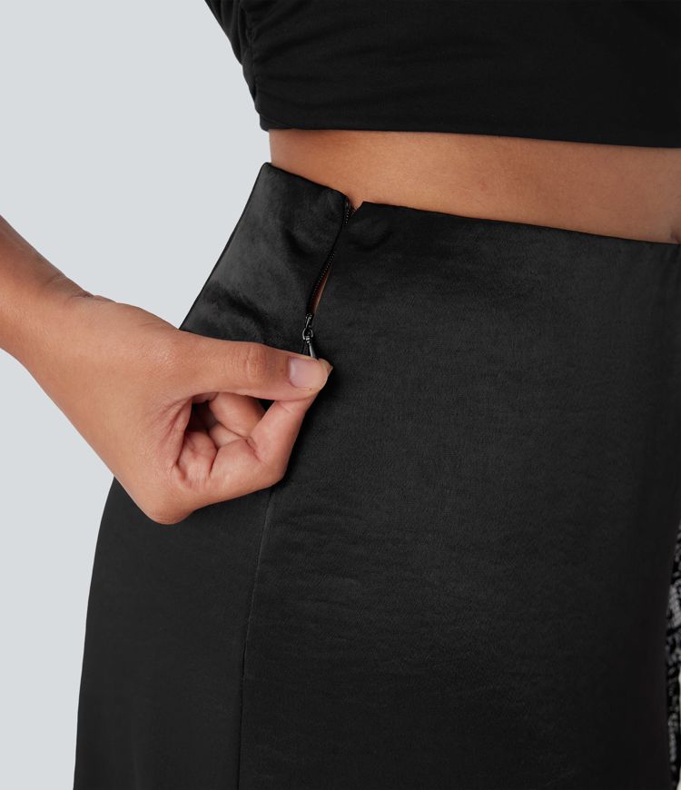 Falda midi de tubo de satén casual con tiro alto, cremallera invisible con abertura y encaje en contraste