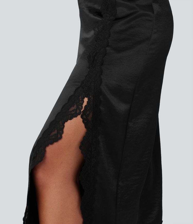 Falda midi de tubo de satén casual con tiro alto, cremallera invisible con abertura y encaje en contraste