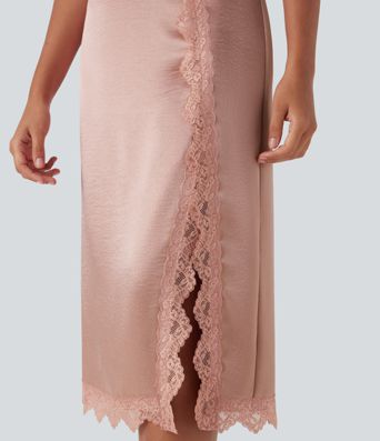 High Waisted Contrast Lace Satin Midi Casual Pencil Skirt