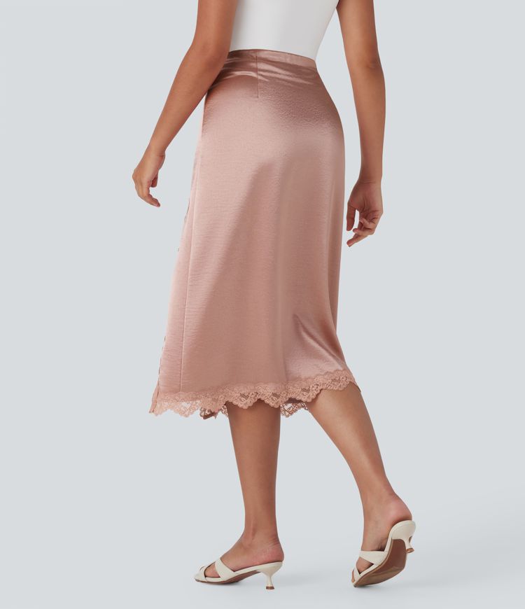 High Waisted Contrast Lace Satin Midi Casual Pencil Skirt