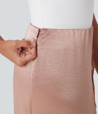 High Waisted Contrast Lace Satin Midi Casual Pencil Skirt