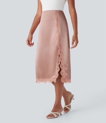 High Waisted Contrast Lace Satin Midi Casual Pencil Skirt