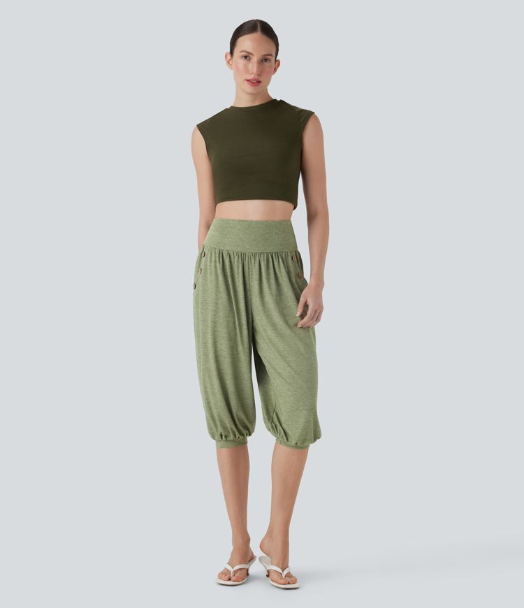 Pantalon corsaire de style harem à taille haute pour résidence balnéaire avec poches latérales