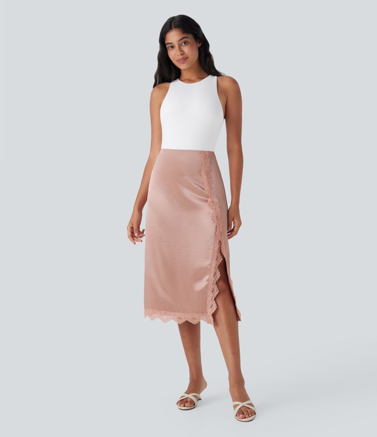High Waisted Contrast Lace Satin Midi Casual Pencil Skirt
