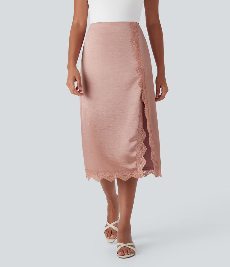 High Waisted Contrast Lace Satin Midi Casual Pencil Skirt