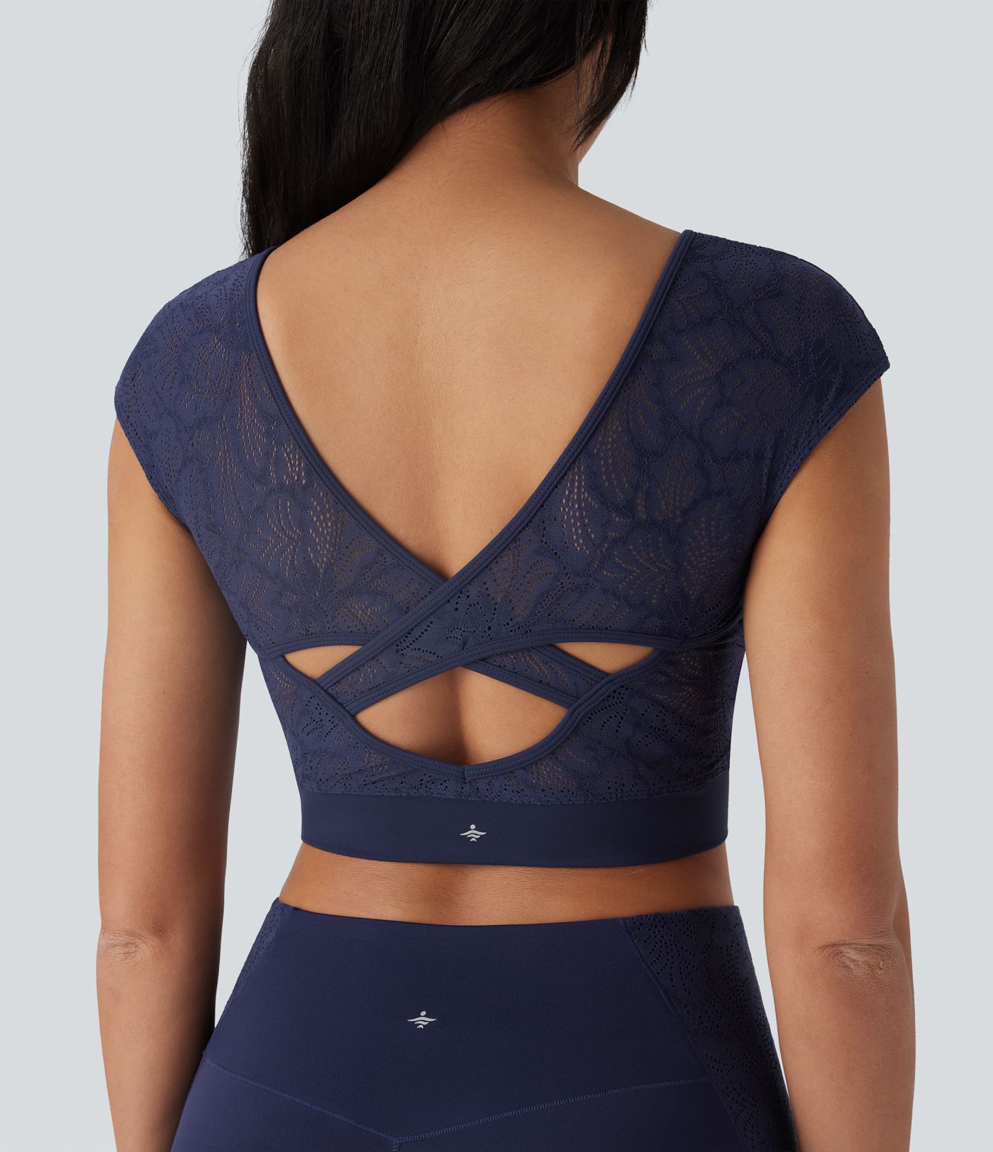 Softlyzero™ Haut de sport de yoga court dos nu avec dentelle contrastée et ourlet croisé-UPF50+