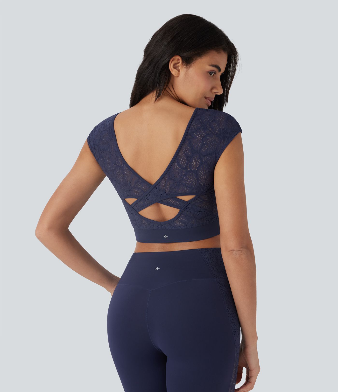 Softlyzero™ Haut de sport de yoga court dos nu avec dentelle contrastée et ourlet croisé-UPF50+