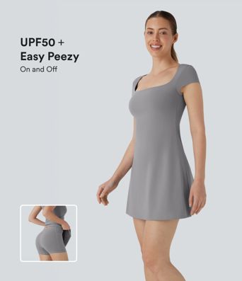 SoftlyZero™ Mini 2 en 1 con bolsillos, cuello cuadrado y aireado, tacto fresco, vestido para yoga y actividades — fácil de llevar — UPF50+