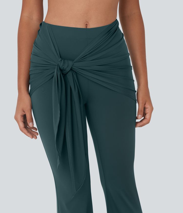Pantalon de yoga évasé taille moyenne avec façade croisée nouée et toucher frais