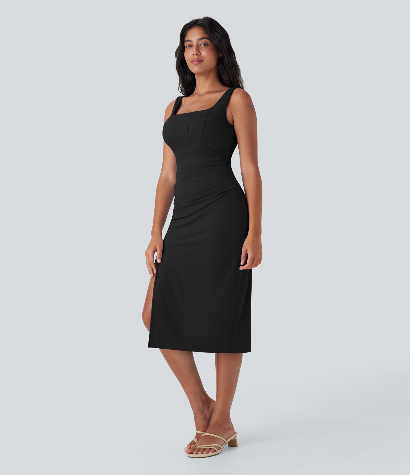 SoftlyZero™ Airy Square Neck Corset Ruched Bodycon Women Long Midi Cool Touch Dress D-F Cups