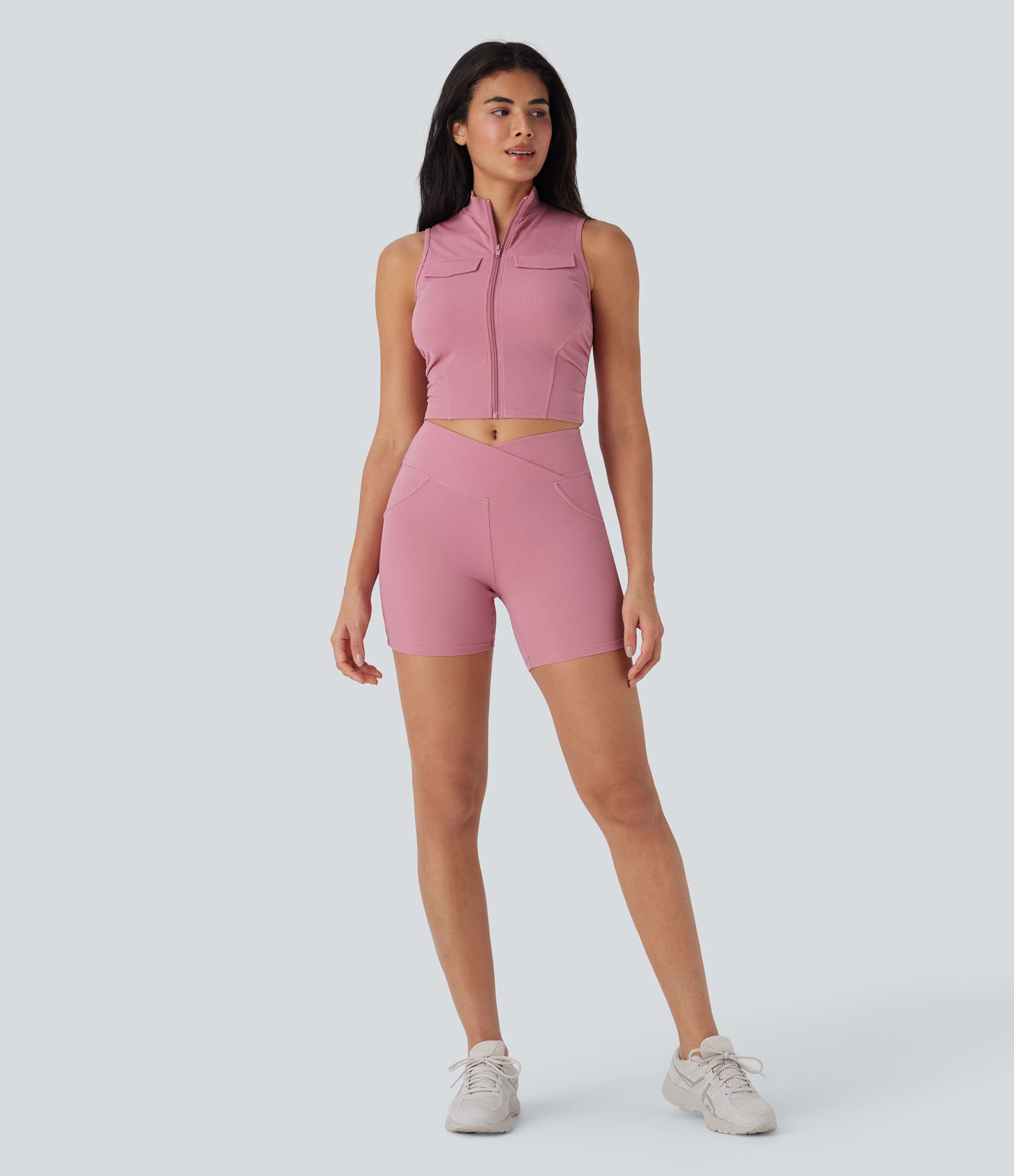 Stand Collar Zipper Ruched Skinny Cropped Waffle Yoga Tank Top