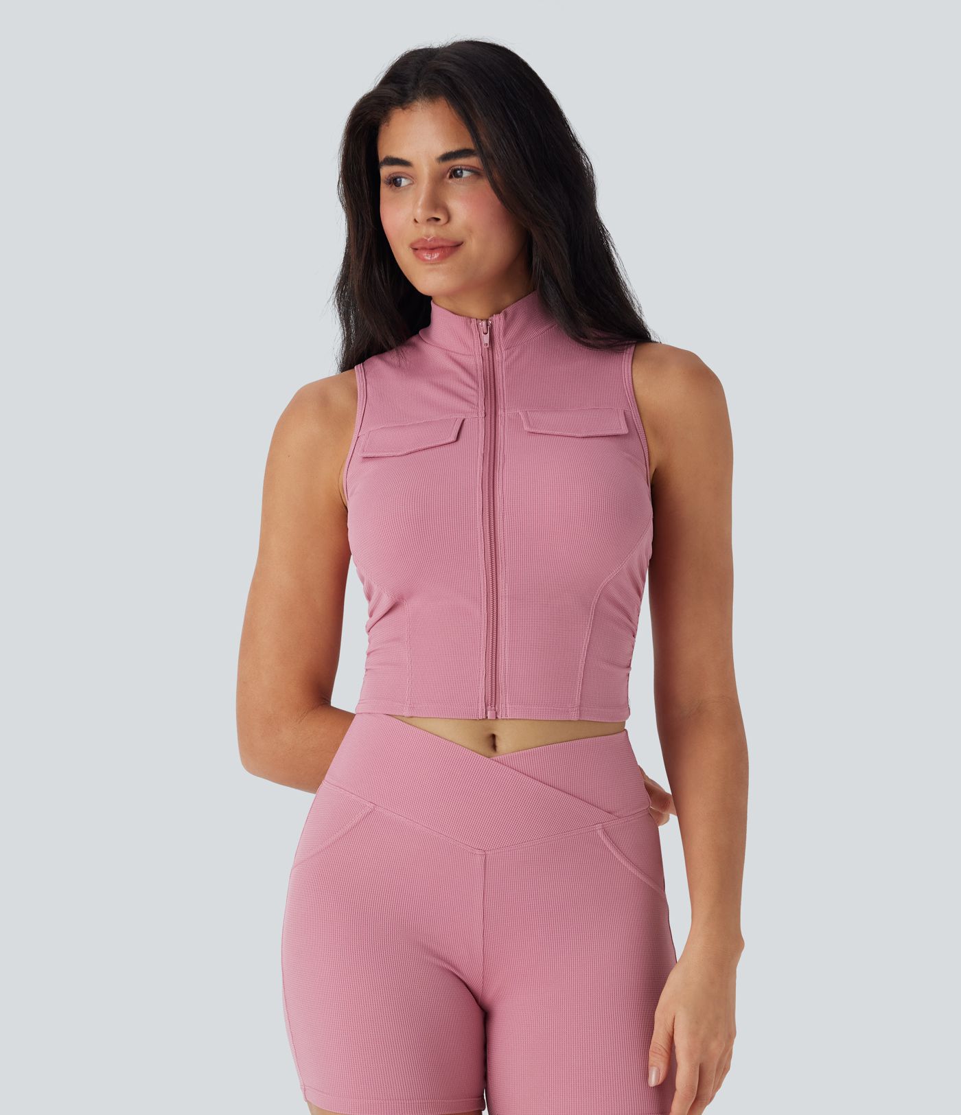 Stand Collar Zipper Ruched Skinny Cropped Waffle Yoga Tank Top