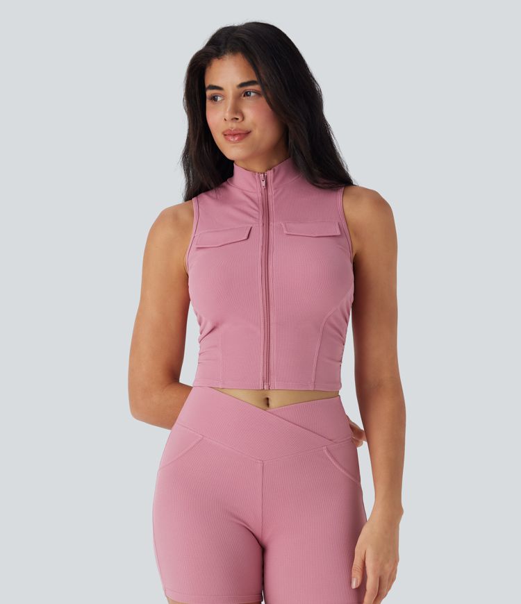 Stand Collar Zipper Ruched Skinny Cropped Waffle Yoga Tank Top